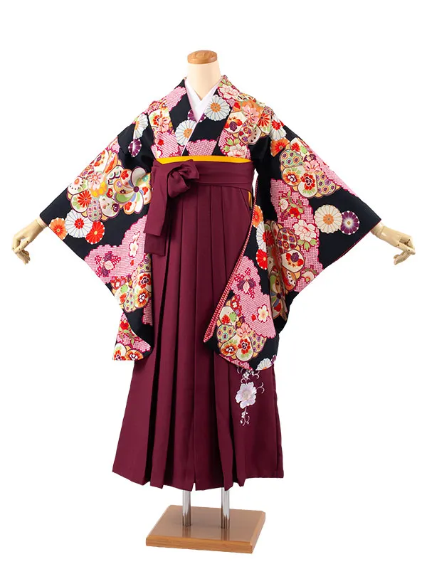 小学生卒業袴レンタル（女の子） 黒地 絞り調 菊 B001