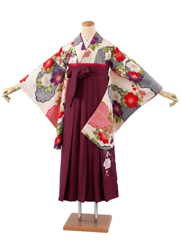 小学生卒業袴レンタル（女の子） クリーム 絞り調 牡丹 B005