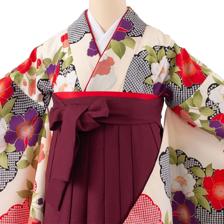 小学生卒業袴レンタル（女の子） クリーム 絞り調 牡丹 B005