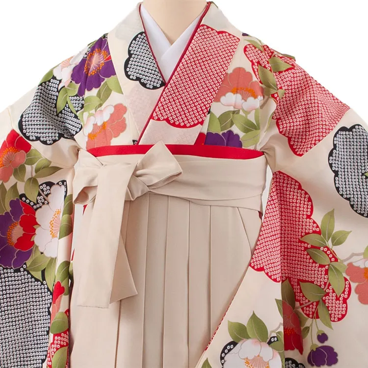 小学生卒業袴レンタル（女の子） クリーム 絞り調 牡丹 B007