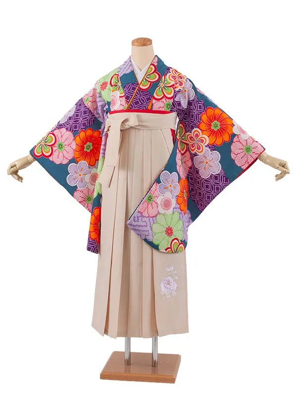 小学生卒業袴レンタル（女の子） ディープティール ねじり梅 B008