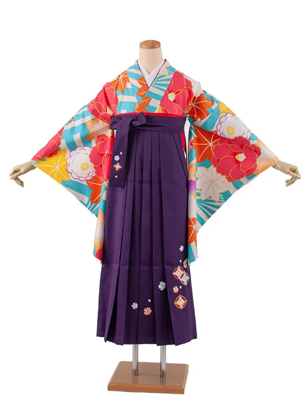 小学生卒業袴レンタル（女の子） 空色 椿と紅葉 B012