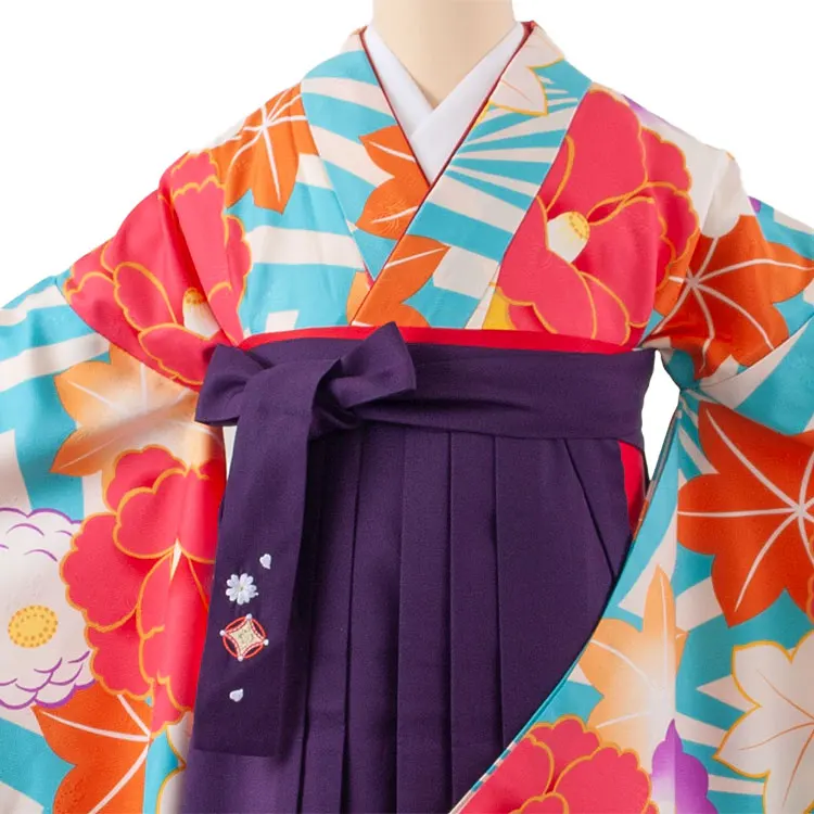 小学生卒業袴レンタル（女の子） 空色 椿と紅葉 B012