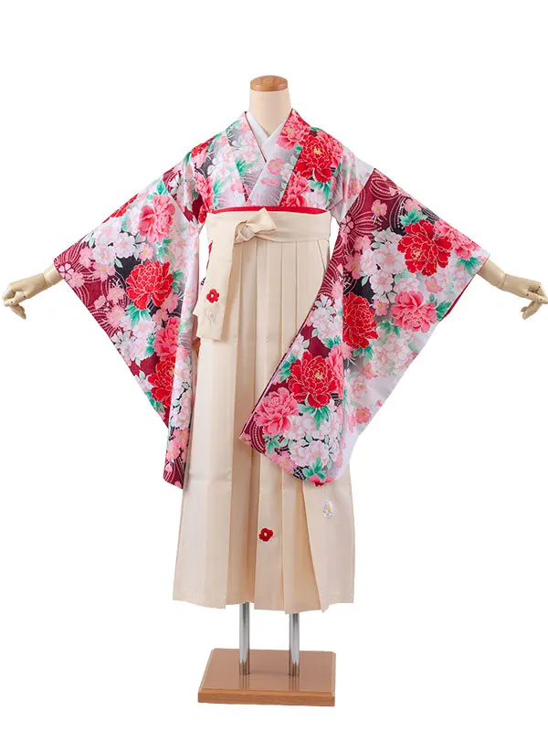 小学生卒業袴レンタル（女の子） 白地 牡丹 B013