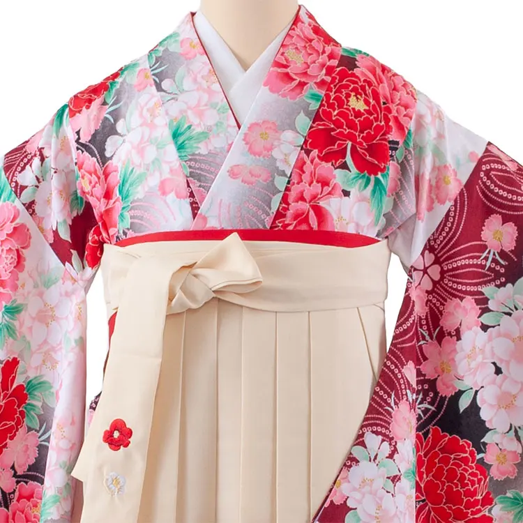 小学生卒業袴レンタル（女の子） 白地 牡丹 B013