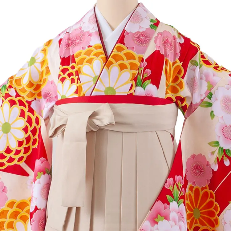 小学生卒業袴レンタル（女の子） アイボリー 矢絣 菊と桜 B014