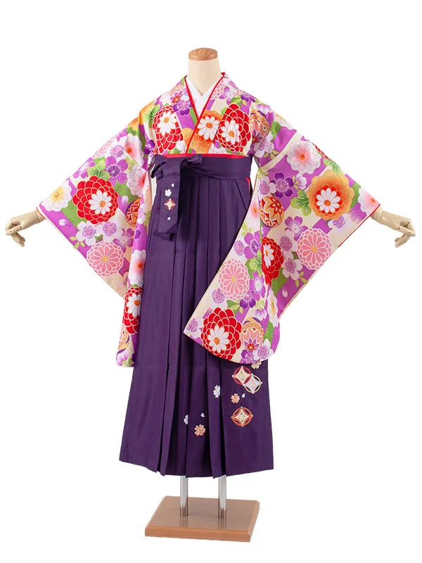 小学生卒業袴レンタル（女の子） 紫×クリーム ストライプ 鞠菊 B015