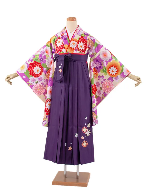 小学生卒業袴レンタル（女の子） 紫×クリーム ストライプ 鞠菊 B015