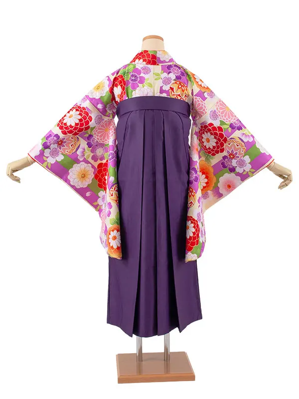 小学生卒業袴レンタル（女の子） 紫×クリーム ストライプ 鞠菊 B015