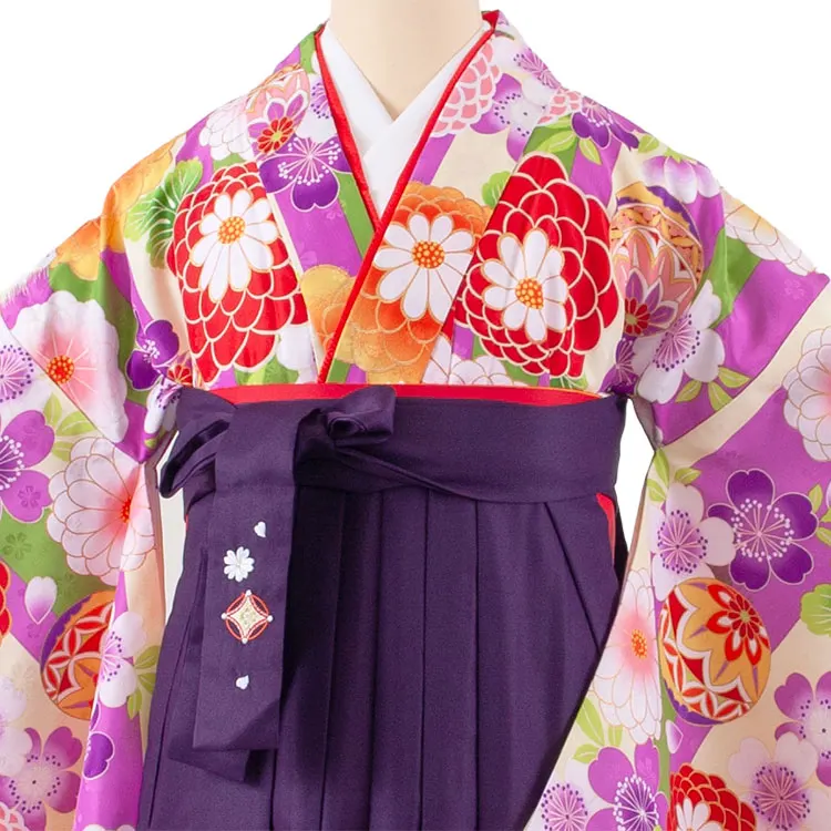 小学生卒業袴レンタル（女の子） 紫×クリーム ストライプ 鞠菊 B015