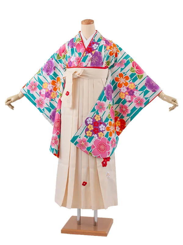 小学生卒業袴レンタル（女の子） ナイルブルー 矢絣 桜 B017