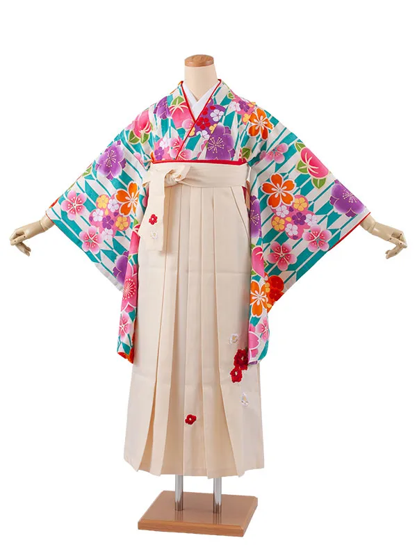 小学生卒業袴レンタル（女の子） ナイルブルー 矢絣 桜 B017