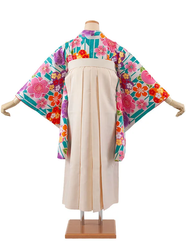 小学生卒業袴レンタル（女の子） ナイルブルー 矢絣 桜 B017