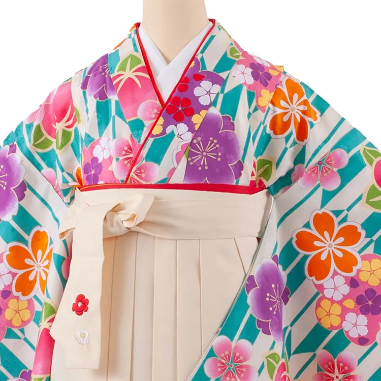 小学生卒業袴レンタル（女の子） ナイルブルー 矢絣 桜 B017