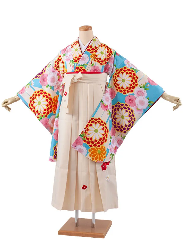 小学生卒業袴レンタル（女の子） 空色 矢絣 菊と桜 B018