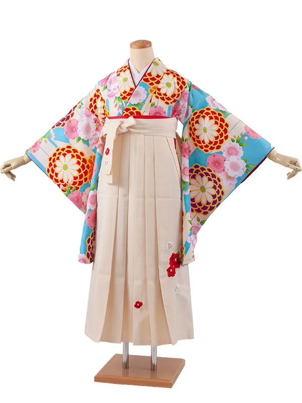 小学生卒業袴レンタル（女の子） 空色 矢絣 菊と桜 B018