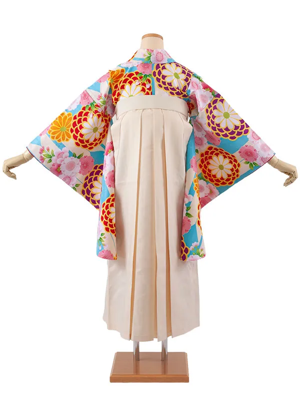 小学生卒業袴レンタル（女の子） 空色 矢絣 菊と桜 B018