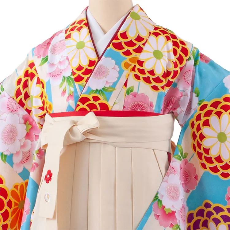 小学生卒業袴レンタル（女の子） 空色 矢絣 菊と桜 B018