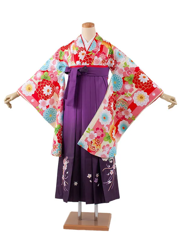 小学生卒業袴レンタル（女の子） ピンク×クリーム ストライプ 鞠菊 B019