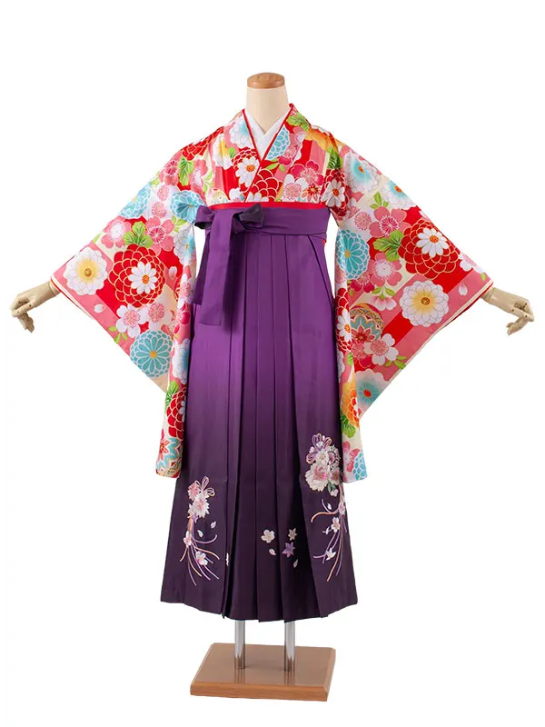 小学生卒業袴レンタル（女の子） ピンク×クリーム ストライプ 鞠菊 B019