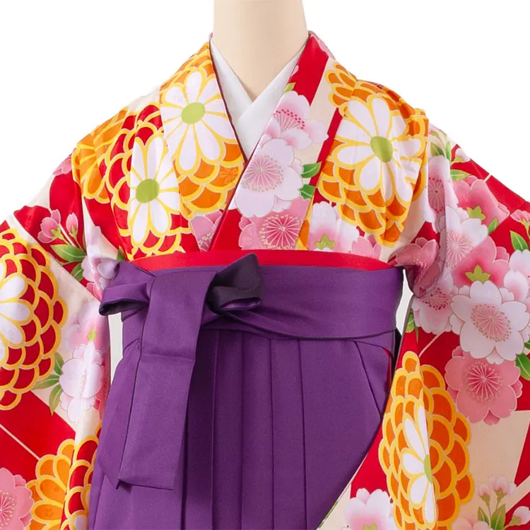 小学生卒業袴レンタル（女の子） アイボリー 矢絣 菊と桜 B020