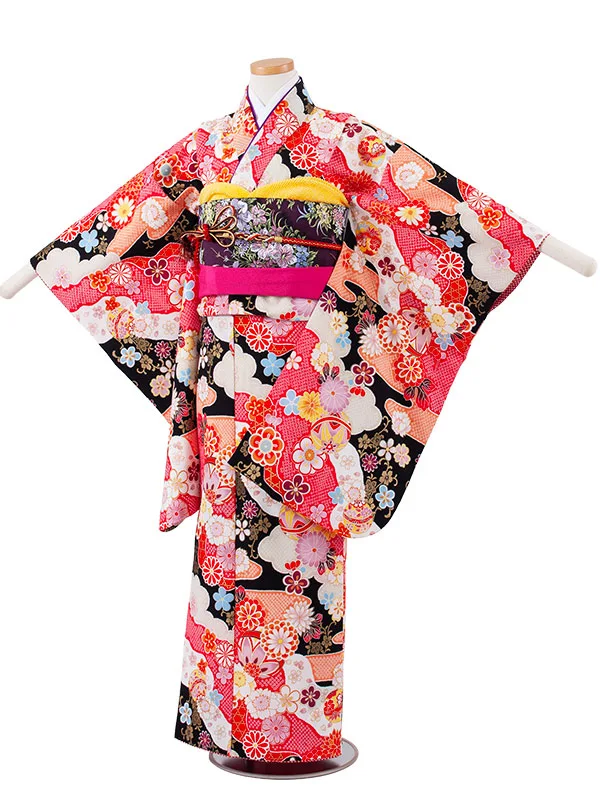 ジュニア着物 黒地 絞り調 四季の花々 C001