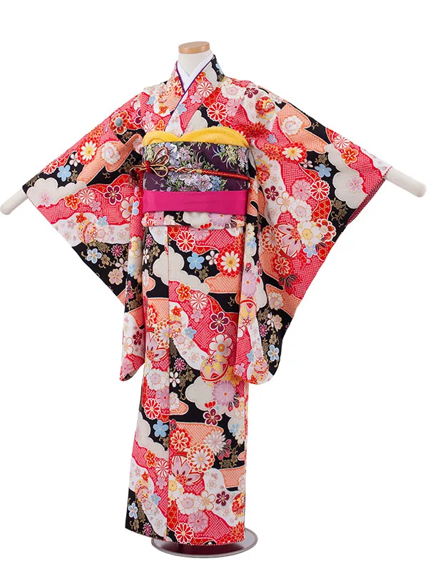 ジュニア着物 黒地 絞り調 四季の花々 C001