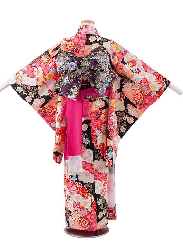 ジュニア着物 黒地 絞り調 四季の花々 C001