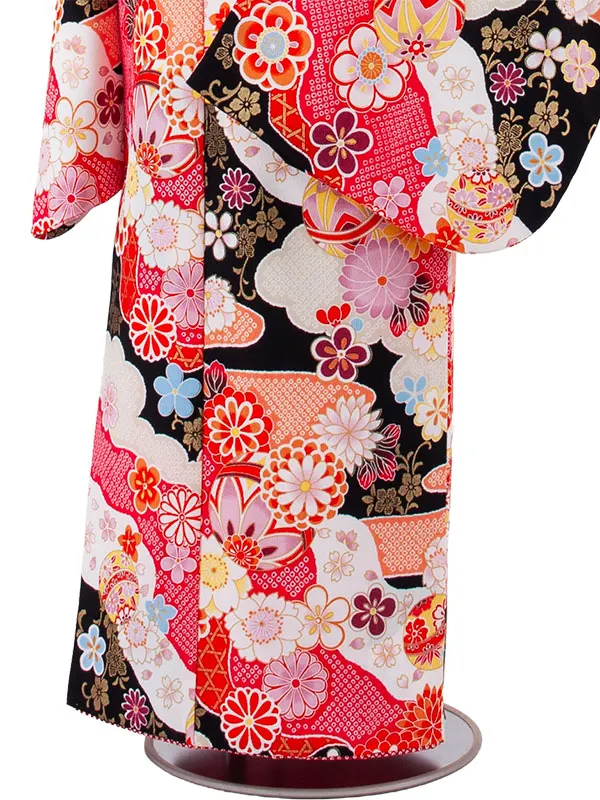 ジュニア着物 黒地 絞り調 四季の花々 C001