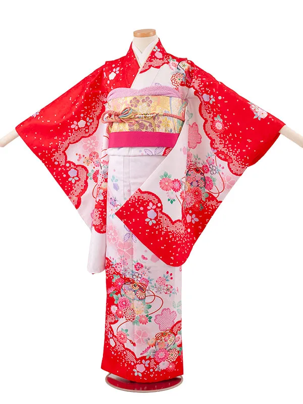 ジュニア着物 赤地 絞り調 桜 C002