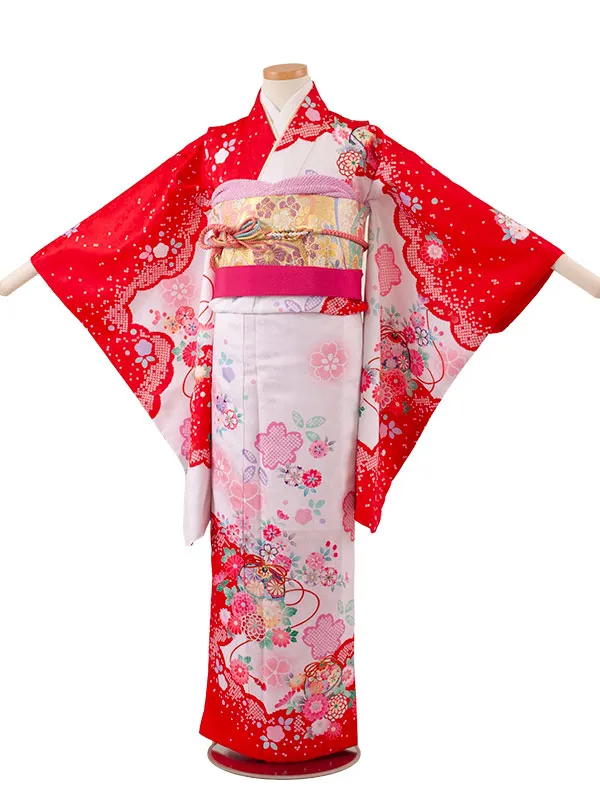 ジュニア着物 赤地 絞り調 桜 C002
