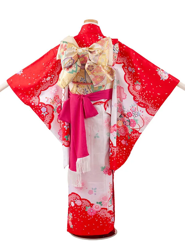 ジュニア着物 赤地 絞り調 桜 C002