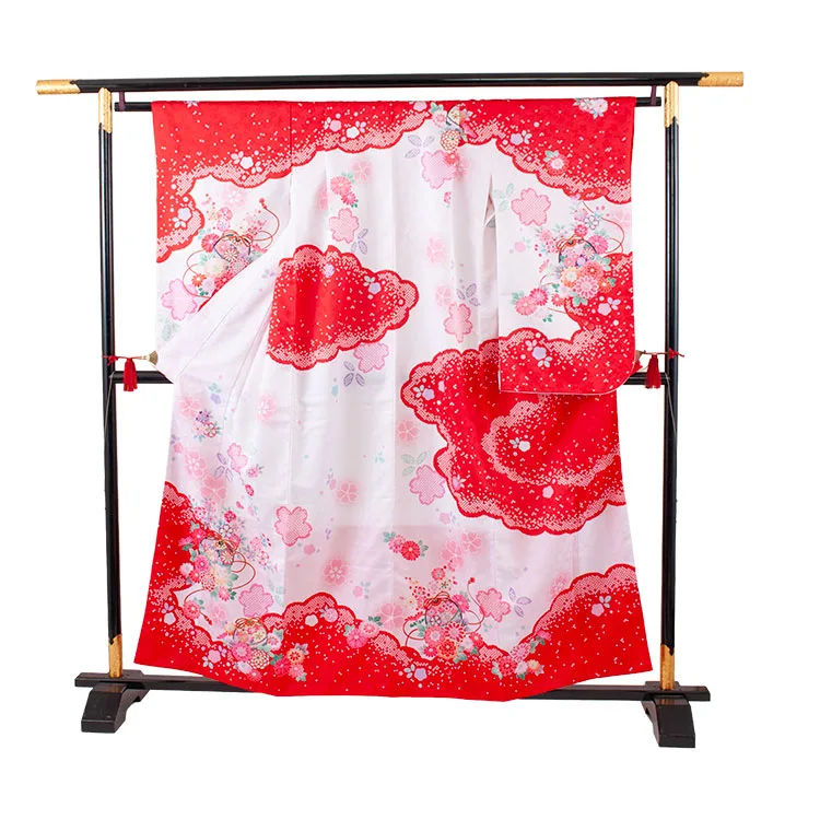 ジュニア着物 赤地 絞り調 桜 C002