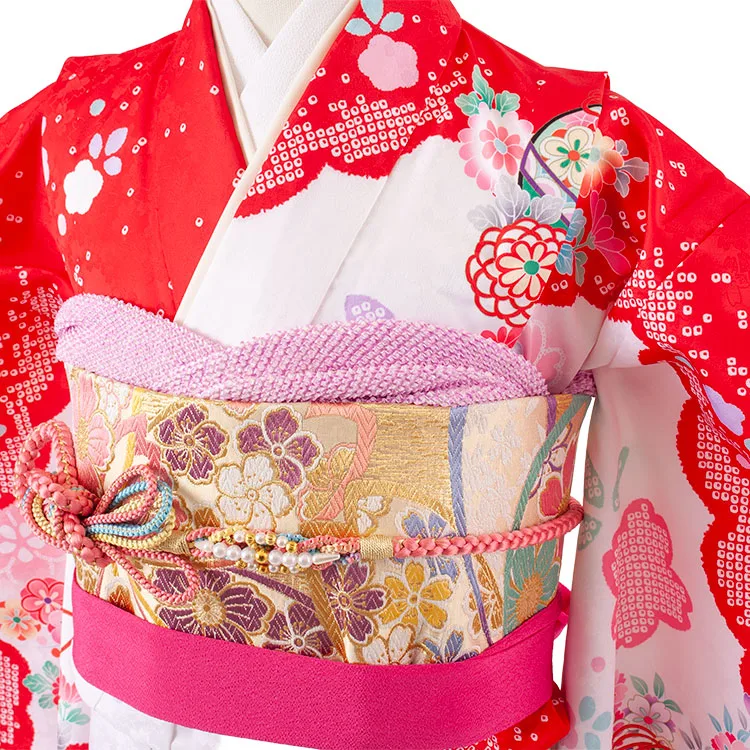 ジュニア着物 赤地 絞り調 桜 C002