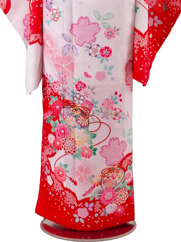 ジュニア着物 赤地 絞り調 桜 C002