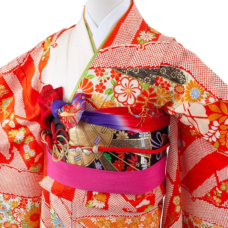 【正絹】ジュニア着物 朱色 花々 古典柄 C003
