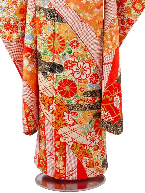 【正絹】ジュニア着物 朱色 花々 古典柄 C003