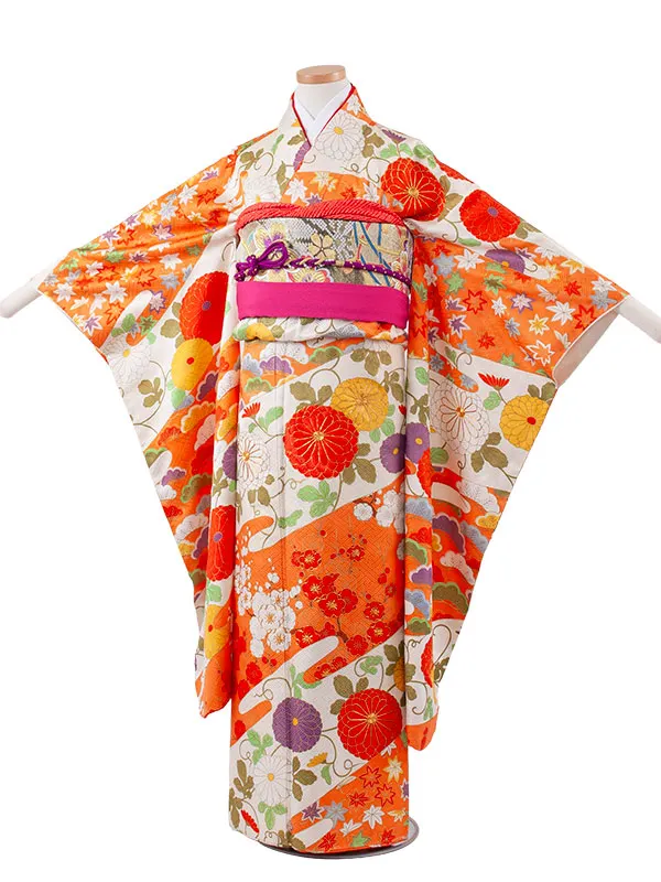 【正絹】ジュニア着物 朱色 豪華 花々 C004