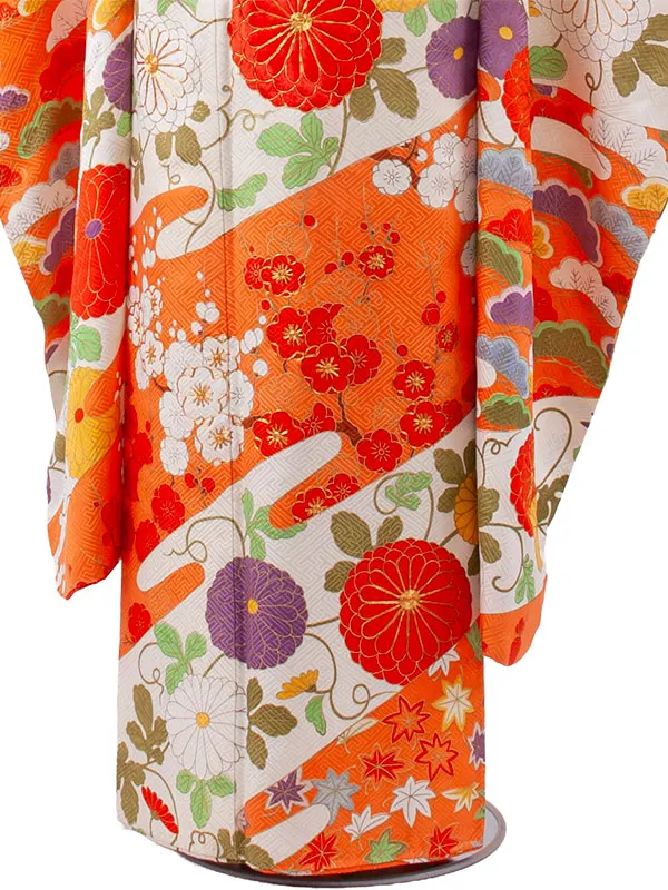 【正絹】ジュニア着物 朱色 豪華 花々 C004