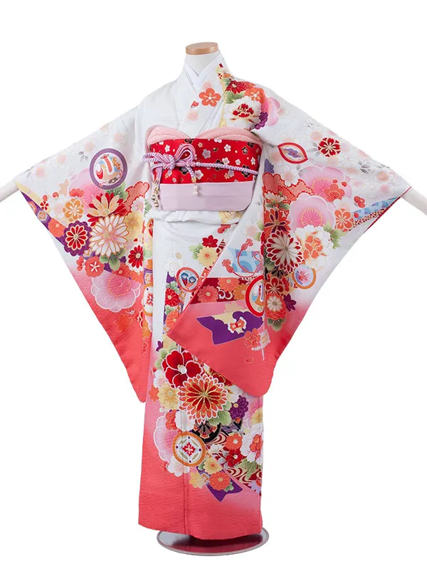 ジュニア着物 白地 吉祥文様 梅 C005