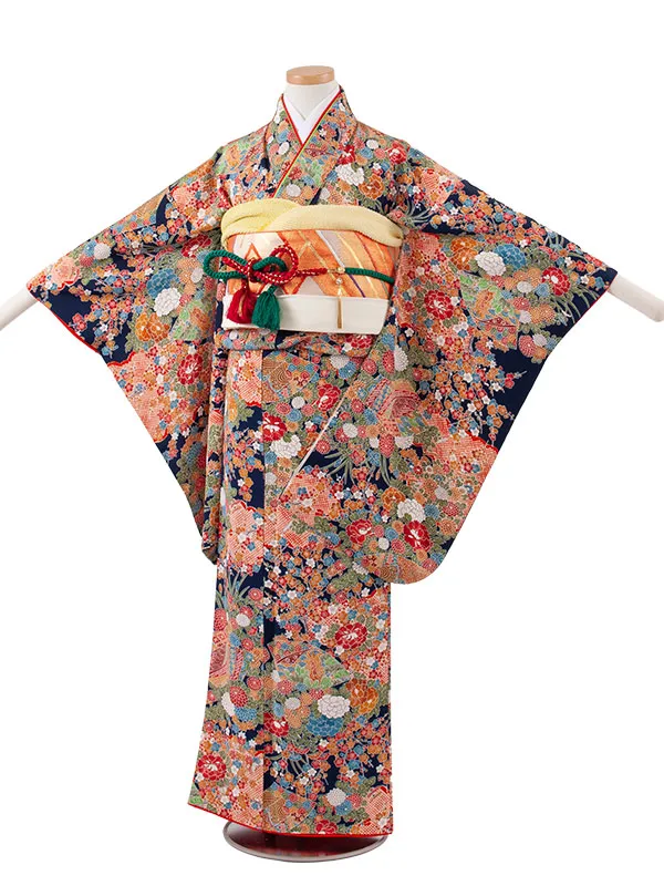 【正絹】ジュニア着物 紺地 季節の花々 C006