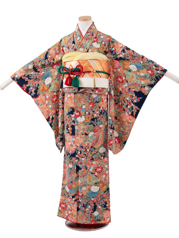 【正絹】ジュニア着物 紺地 季節の花々 C006