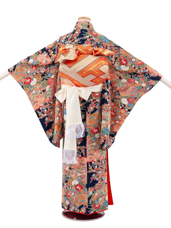 【正絹】ジュニア着物 紺地 季節の花々 C006