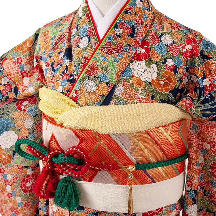 【正絹】ジュニア着物 紺地 季節の花々 C006