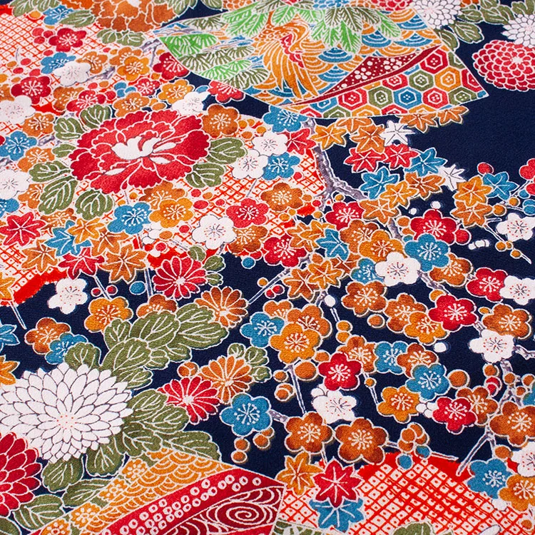 【正絹】ジュニア着物 紺地 季節の花々 C006