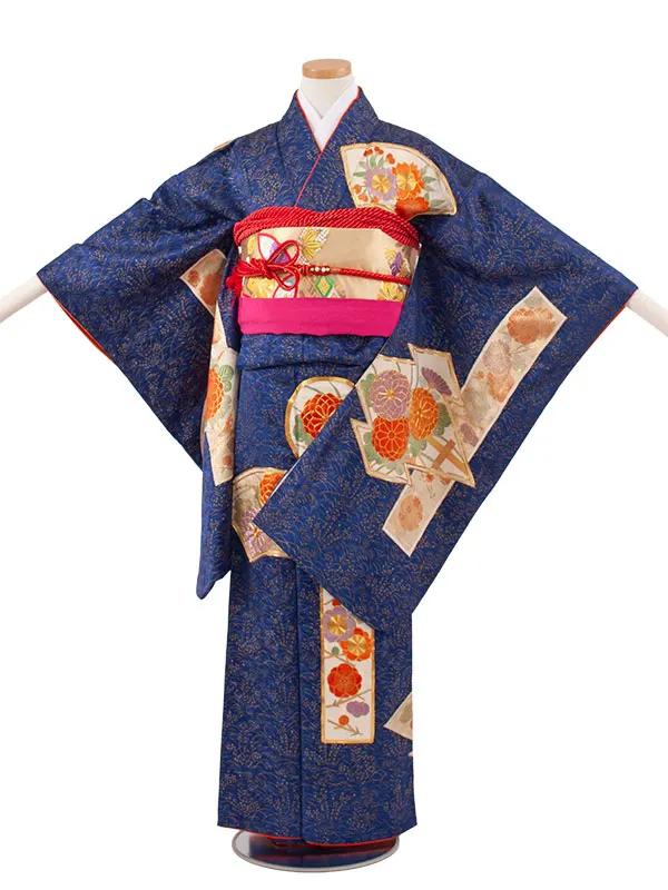 【正絹】ジュニア着物 紺地 梅 菊 C007