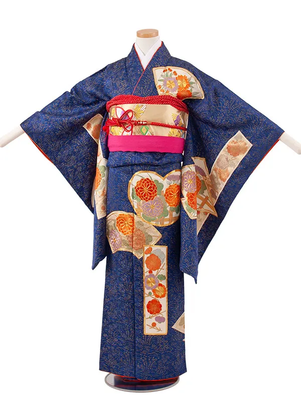 【正絹】ジュニア着物 紺地 梅 菊 C007