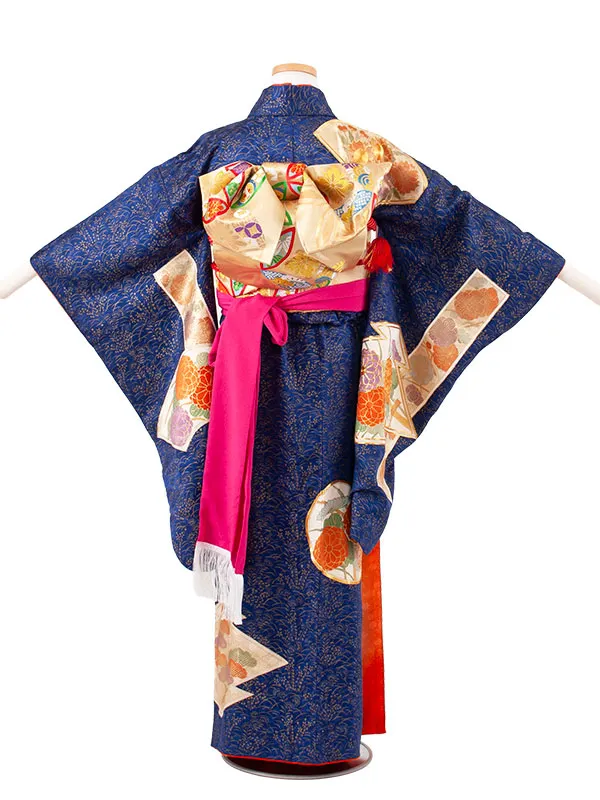【正絹】ジュニア着物 紺地 梅 菊 C007