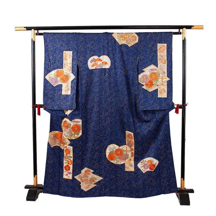 【正絹】ジュニア着物 紺地 梅 菊 C007