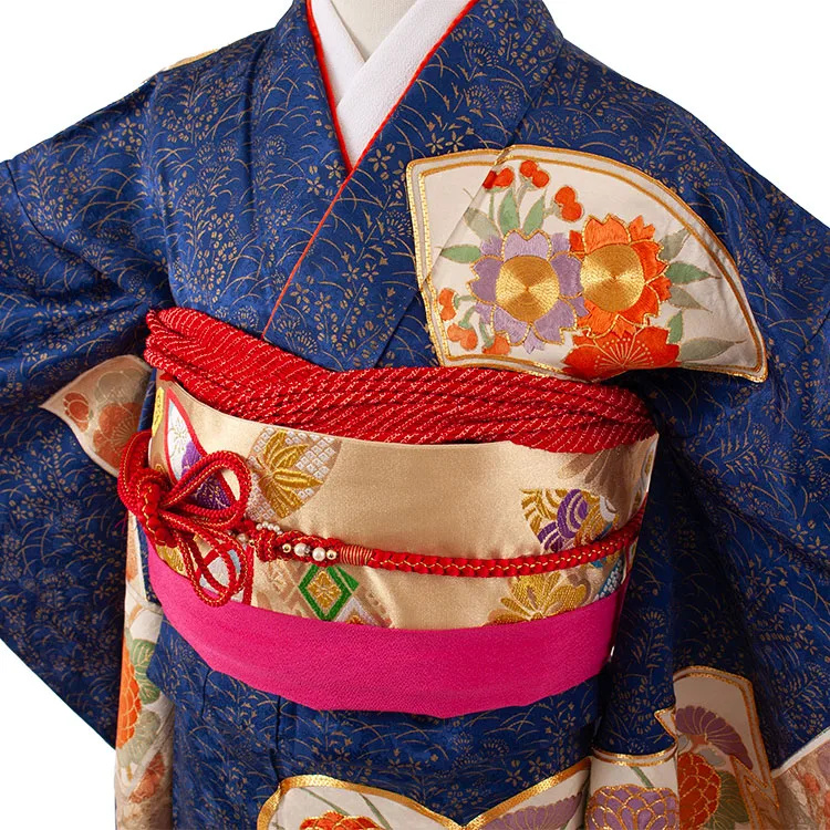 【正絹】ジュニア着物 紺地 梅 菊 C007